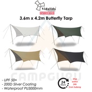 VIDALIDO Butterfly Shape Tarp 3.6m x 4.2m BLACK / SILVER Coating Camping Tent Tarp Flysheet Waterproof UV-proof Shelter