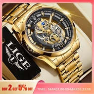 Lige-GOLD Men's QUARTZ Skeleton Watch นาฬิกาย้อนยุคแบรนด์หรูนาฬิกาใหม่