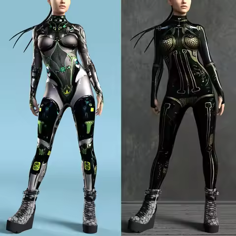 CyberPunk Catsuit Woman Mechanical Zipper Jumpsuit Zentai 3D Bodysuit Halloween Game Party Costume F