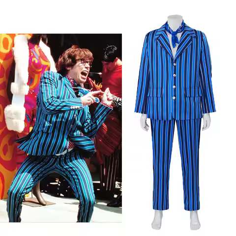 Austin Powers Cosplay 70's 80's Disco Costume Suit Fashion Men Blazer Suit Blue Striped Outfit Hallo