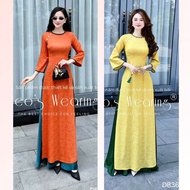 LEOSWEARING Silk brocade ao dai with round neck and floral buttons, half sleeves with hem and silk s