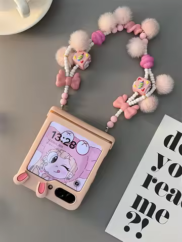 Korean Cute Funny Bunny Ear Pink Hairball Bow Bracelet Phone Case for Galaxy Z Flip 5 Z Flip 5 5G Zf