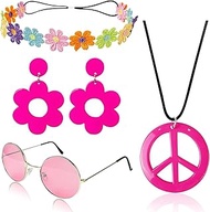 5pcs Hippie Costume Accessories Set for Women 60s 70s Outfit Includes Peace Sign Necklace Flower Hea