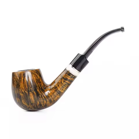 Briarwood Tobacco Pipe Classic Curved Handle Gift 9mm Flue Channel Acrylic Mouth Saddle With Decorat