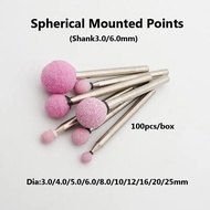 100PCS/BOX KENI shank3.0/6.0mm mounted points Electric/Pneumatic Grinder Dia3~25mm spherical Chrome 