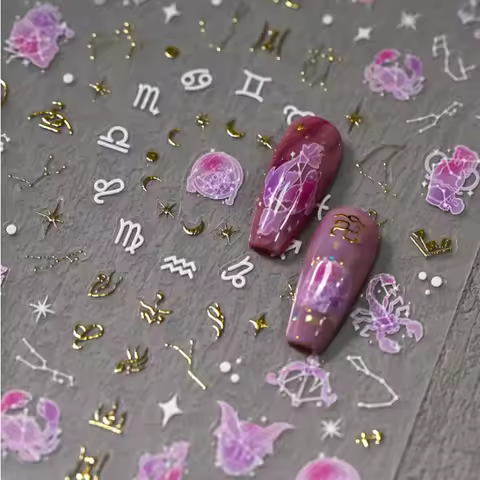Twelve Constellation Totem Star Moon Pisces Aries Scorpio Gold Silver Stamping 3D Self Adhesive Nail