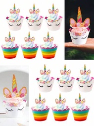 24入組彩虹獨角獸杯子蛋糕包裝紙，獨角獸派對嬰兒洗禮用品兒童獨角獸生日派對裝飾