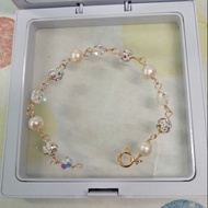 Gelang Tangan Mutiara Asli Diameter 6mm Mix Swarovski Kristal AB Original Ikat Emas Suasa 14k Tulen