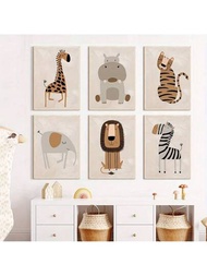 6入組動物油畫藝術品套裝,長頸鹿、大象、獅子、河馬、斑馬和老虎,帆布版畫,無框,適用於嬰兒房裝飾