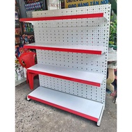Single hole corrugated iron supermarket shelf 1.5m high x 1.2m long x 4 trays