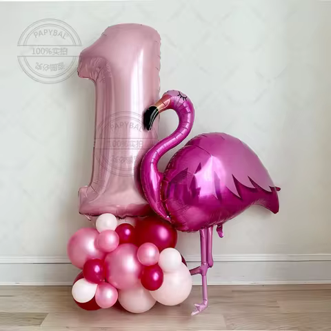27pcs Hawaiian Flamingo Theme Balloons Birthday Party Decors 32inch Pink Number 1-9th foil Ball Girl