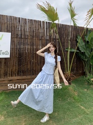 ชุดเสื้อเชิ้ตคอตุ๊กตาลายทางสีน้ำเงินและกระโปรงสั้นผูกโบว์สไตล์วิทยาลัย SUYIN ฤดูร้อน 2025 ชุดแฟชั่นส
