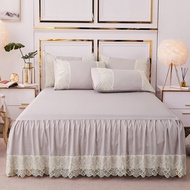 Washed Cotton Bedsheet with Lace Pure Color Green Pink Bed Sheet Cover Bed Skirt Mattress Protector Pillowcase Queen King Size 床單