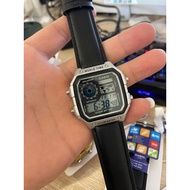 NSTART AE-1200WH-1C Digital World Time Black Leather Strap Men's Watch