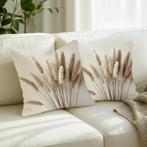 1PC Beige Pampas Grass Decor Pillow Cover, Minimalist Boho Style Cushion Case for Home Decoration