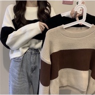 Korean Style Women Knitted Sweater Long Sleeve Crew Neck Loose Baggy Lazy Style Striped Cropped Swea