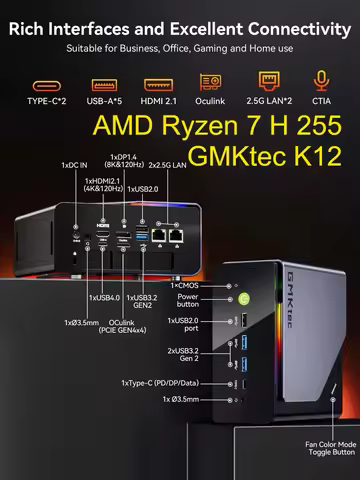 GMKtec K12 AMD Ryzen 7 H 255 MINI PC SUPPORT OCulink Port 3×M.2 2280 WiFi6E BT5.2 PCIe Gaming PC Win