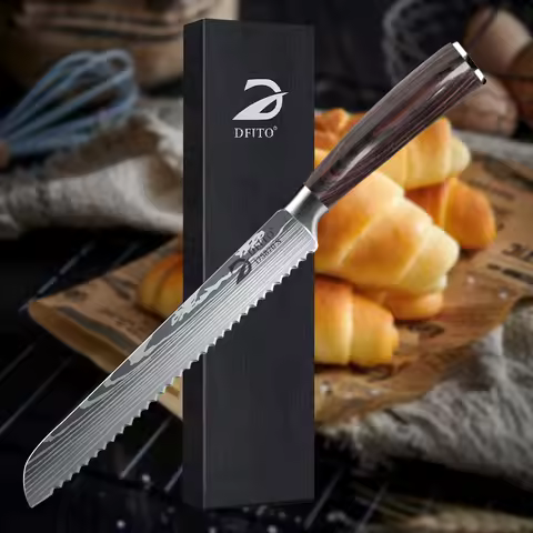 MDHAND Kitchen Bread Knife Serrated Design Laser Damascus Kitchen Knives 7CR17 Stainless Steel Blade