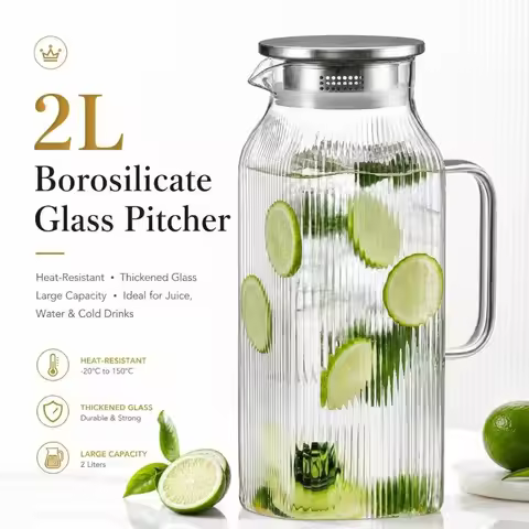 2L Ribbed Glass Water Pitcher High Borosilicate Large Capacity Glass Teapot Jug with Lid Transparent