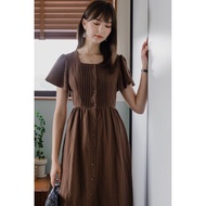 ACW Button Panel Square Neck Pintuck Flutter Sleeve Midi Dress in Cocoa