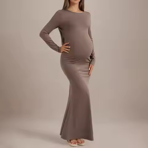 Women's Maternity Long Sleeve Bodycon Maxi Dress, Stretchy Taupe Mermaid Hem Gown for Baby Shower, P