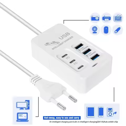 6 IN 1 USB Charger 35W PD Type C Fast Charge Wall Phone Adapter Quick Charger 3.0 USB Hub EU US Plug