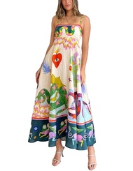 Women Graffiti Printed Maxi Cami Dress Square Neck Sleeveless Spaghetti Strap Boho Dress Flowy Swing
