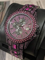 新款男士紫色鑽石豪華嘻哈鑽石手錶,獨特閃亮冰晶,防水時計,顯示男性魅力