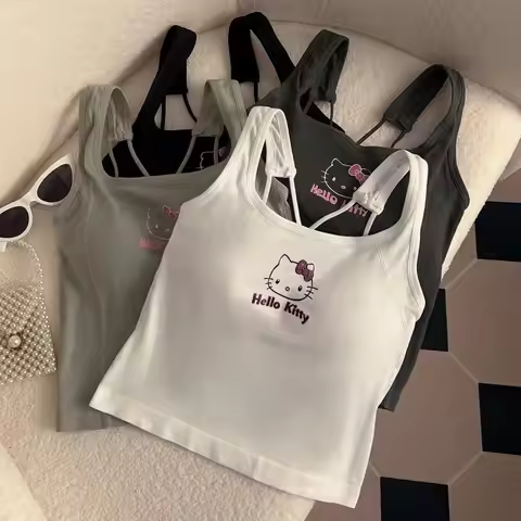 Summer Cute Girly Style HelloKitty Printed Suspender Vest with Chest Pad Slim Pinch Waist Versatile 