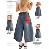 American Check Stitching Blue Denim Cropped Pants Women Spring Retro Middle Pants Loose 7-point Pant