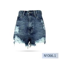 Niyom jeans รุ่น NYJ66.1 กางเกงขาสั้น ผ้าไม่ยืด สียีนส์อ่อน แต่งขาด แต่งปลายขาลุ่ย