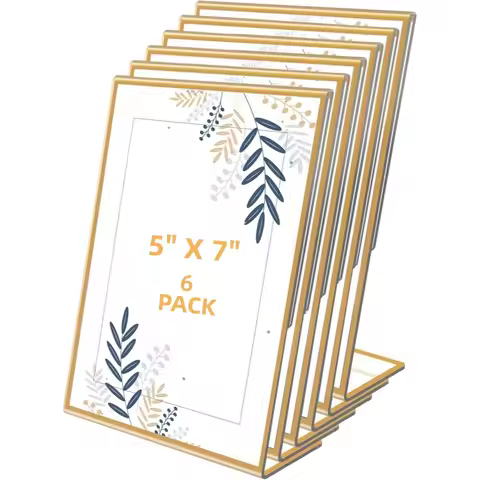 6-Pack 5x7 Gold Picture Frames Clear Frameless Acrylic Self-Standing Photo Frames for Wedding Table 