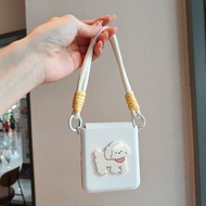 เคสโทรศัพท์: บานพับครอบคลุมเต็มรูปแบบ, เรียบง่าย, สีขาว/ชมพู + ลูกสุนัขน่ารักสามมิติ + สายคล้องมือสอ