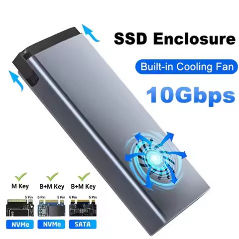 10Gbps M.2 NVME SSD Case with Built-in Cooling Fan M.2 SSD Enclosure Dual Protocol NVMe NGFF SSD Ada