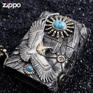 【美國經典火機品牌】Zippo(日版)「飛鷹 松石 羽毛」日銀防風煤油純銀/黃銅套殼打火機