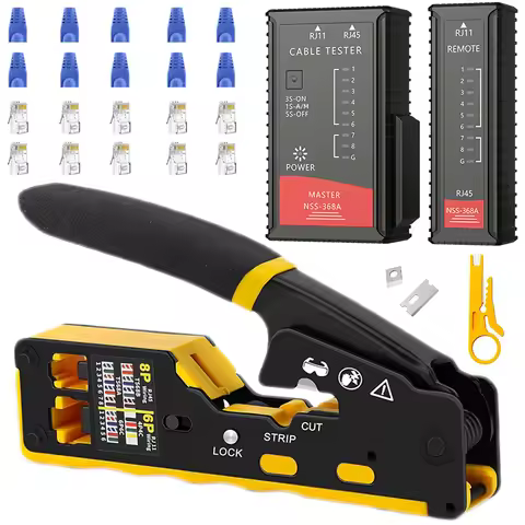 RJ45 Crimp Tool Kit Pass Through Cat6 Crimping Tool For Cat5 Cat5e Cat6 8P8C Connector, All-in-one E