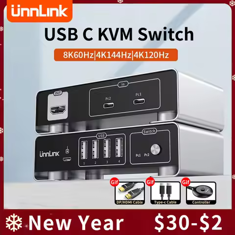 Unnlink USB C to HDMI DP KVM Switch 8K 60Hz 4K 144Hz Type C Thunderbolt KVM Switches With Controller