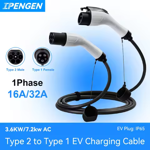 IPENGEN Portable 32A 7.2KW EV Charging Cable Type2 To Type1 For EV Hybrid PHEV Cars Full Lenght 5M F