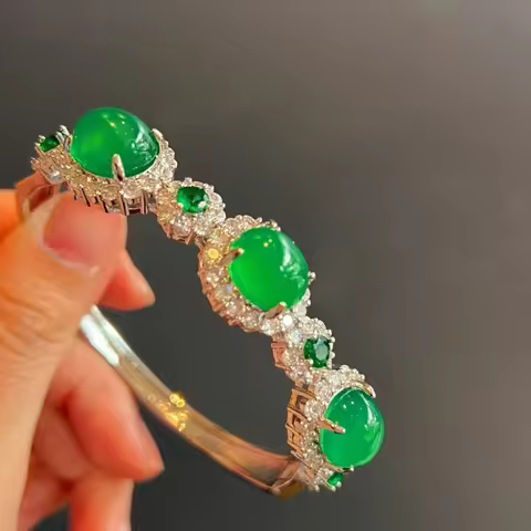 Natural Light Glass Green Chalcedony Women, Open Bangle, New Full Jade Bracelet