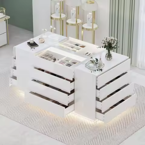 63" W Glass Display Cabinet Lighted, Walk in Closet Island for Retail, Jewelry Organizers Storage wi