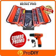 85PCS Tool Box - Heavy Duty Cantilever Metal 85 PCS Set Ratchet Spanner ¼” & ½” ( Solo / + 12v Drill