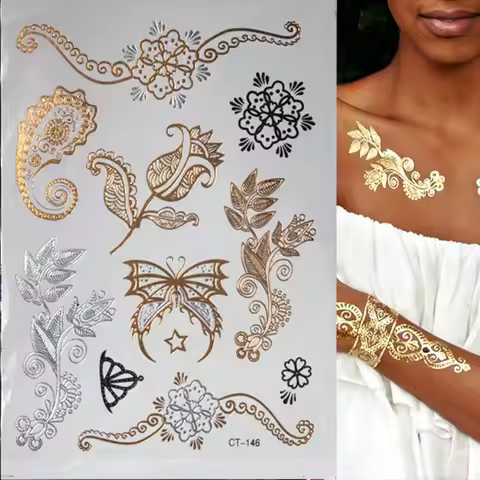 Hot Flash Metallic Waterproof Temporary Tattoo Gold Silver Tatoo Women Henna Flower Taty Design Tatt