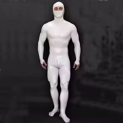 Latex Rubber Fashion Man White Full-body Catsuit With Hood Size XS~XXL