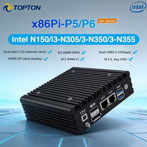Topton P5 P6 Max Palm Fanless Mini PC, Intel Twin Lake 3-N355 N350 N150, Dual 2.5G LANs, 6*USB HDMI+