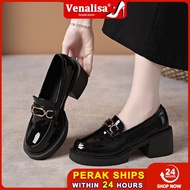 Venalisa Women's high heels Loafers Mary Jane Kulit Fesyen Retro Kepala Bulatt Apak Kaki Tebal