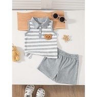 2-Piece Set for Baby Boys 0-3Years: Contrast Collar Tank with Embroidered Bear + Solid Chino Shorts
