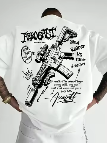 Summer Men Fun Graffiti M4 Elements and Handwritten Letter Pattern Trendy Streetwear T-Shirt 100% Pu