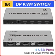 8K Displayport KVM Switcher 2 Input 1 output Displayport USB KVM 2x1 8K 60Hz DP USB KVM Switch for 2 PC Share USB mouse keyboad printer