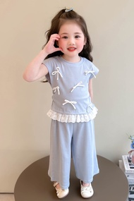 YIHAN KIDS Bow Knot Blue Ribbed Set Motif Busur Uisa1-5th/Setelan Anak Perempuan Katun Kaos T-Shirt