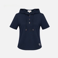 เสื้อยืดแขนสั้นทรงสลิมฟิตสำหรับผู้หญิงในช่วงฤดูร้อน EP YAYING ทรงลำลองพร้อมฮู้ด ผ้าฝ้ายผสมโพลีเอสเตอ